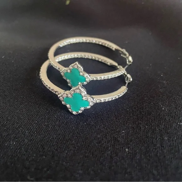 Elegant Silver and Turquoise large Hoop Earrings in silver Designer inspired - Picture 2 of 2